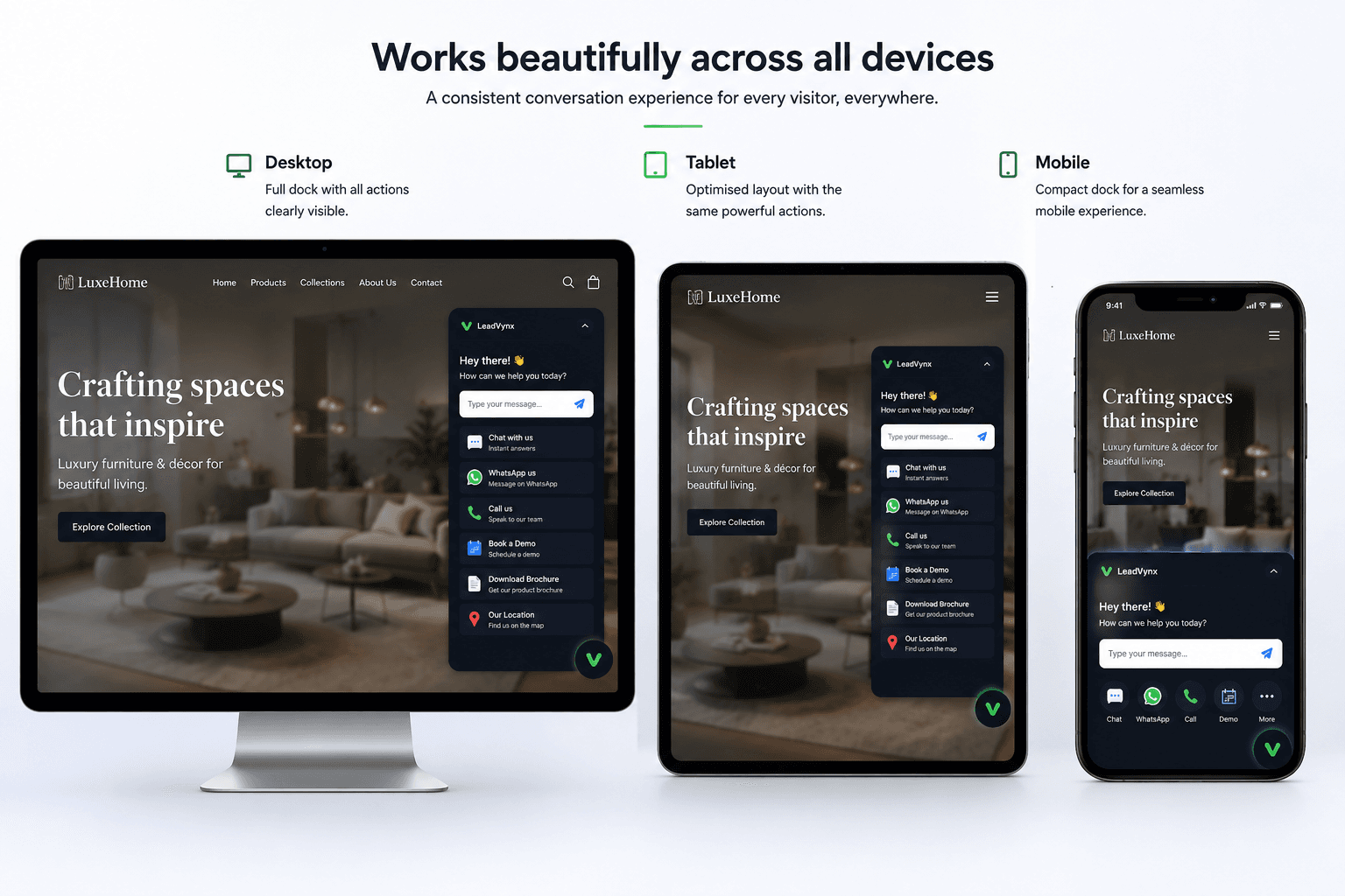 Responsive comparison of the LeadVynx Conversion Dock across desktop, tablet and mobile