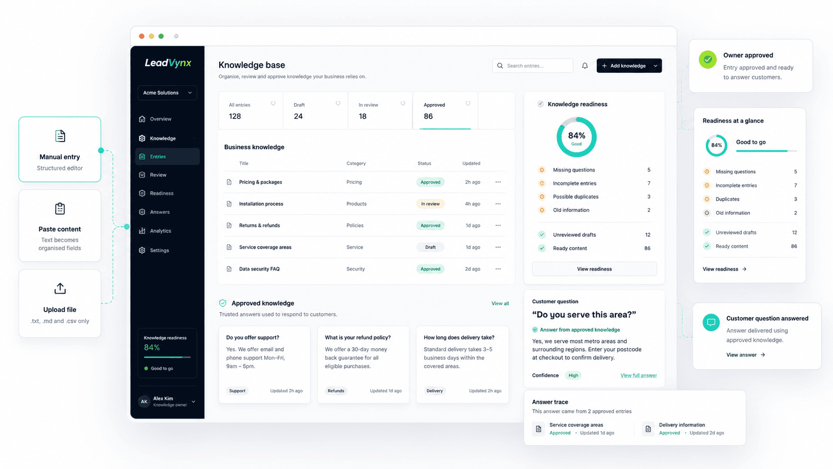 LeadVynx Knowledge Base workflow from business information to approved customer answers
