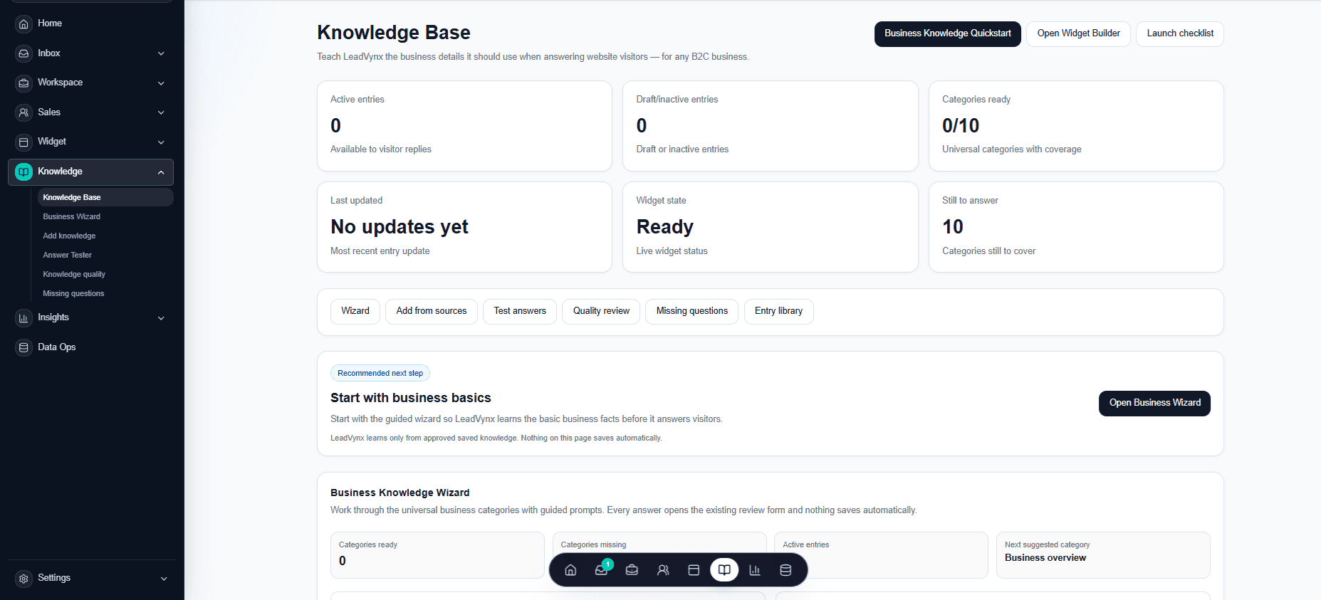 LeadVynx Knowledge Base command center with readiness cards and guided setup