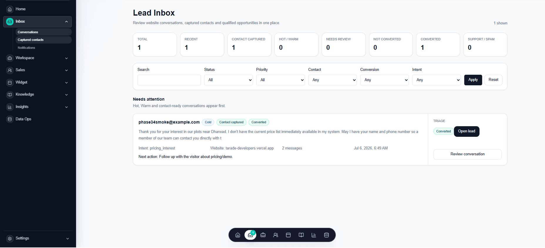 LeadVynx Lead Inbox showing captured contacts, intent and next actions