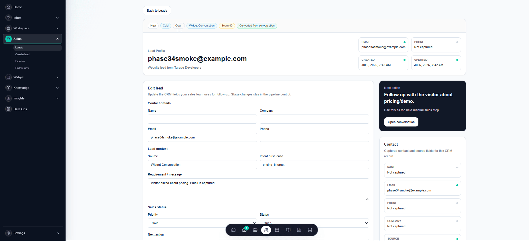 LeadVynx lead profile with source, status and next action