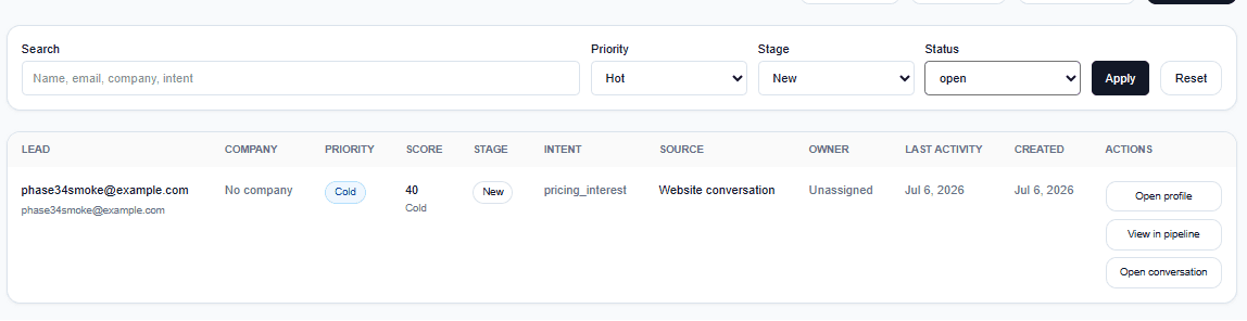 LeadVynx lead row with priority, score, stage, intent and source